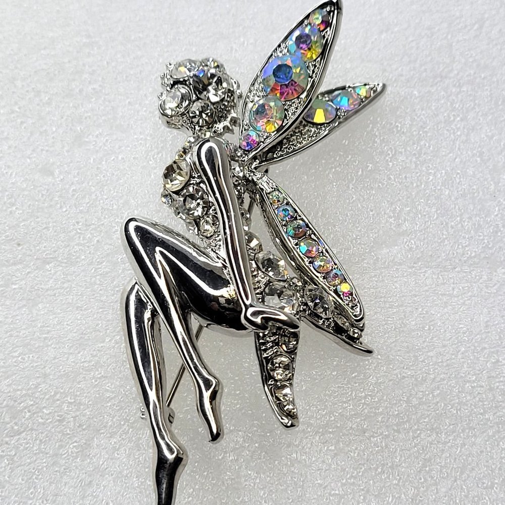 Silver Crystal Angel Brooch Pin